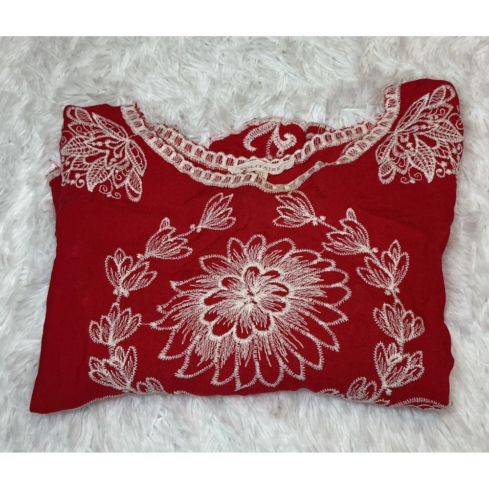 Solitaire Women's Xl Boho Embroidered Flower3/4 Sleeve Red Blouse